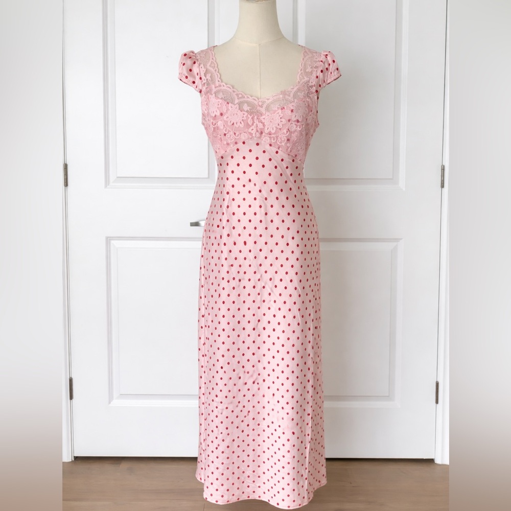 Pink Polka Dot Lace-Trim Maxi Dress
